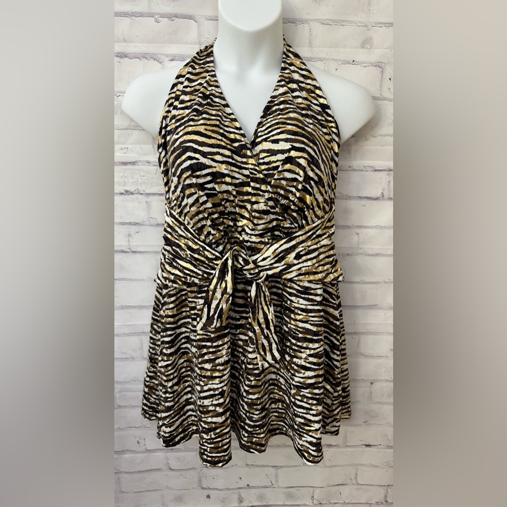 Swimsuits For All‎ 24 Gold Zebra Halter One Piece Swimsuit Dress Tie Front New